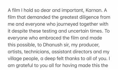 #Karnan Dir @mari_selvaraj 's Thanks Note! @KarnanTheMovie
