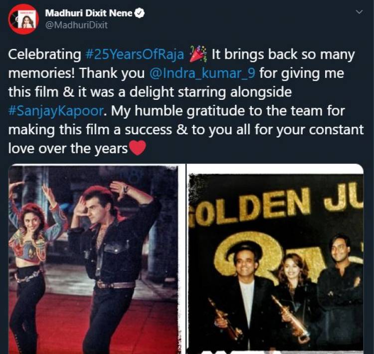 Madhuri Dixit Celebrates 25 years of Indra Kumar's Blockbuster hit RAJA via social media!
