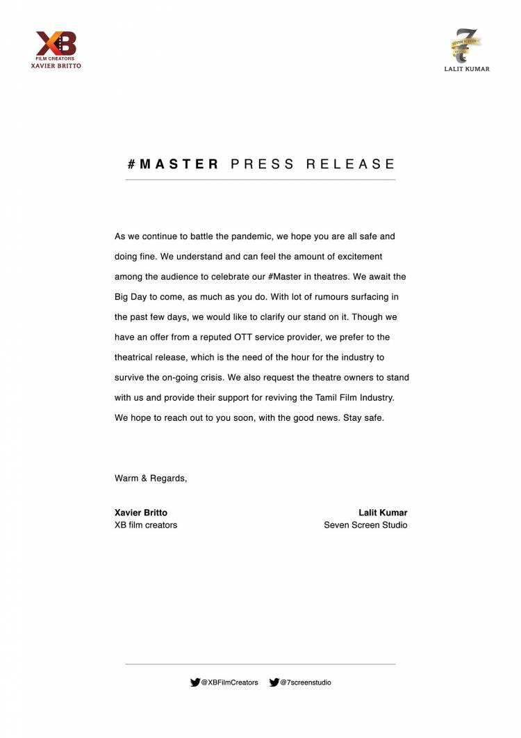 #MasterPressRelease  @actorvijay @VijaySethuOffl @Dir_Lokesh @XBFilmCreators