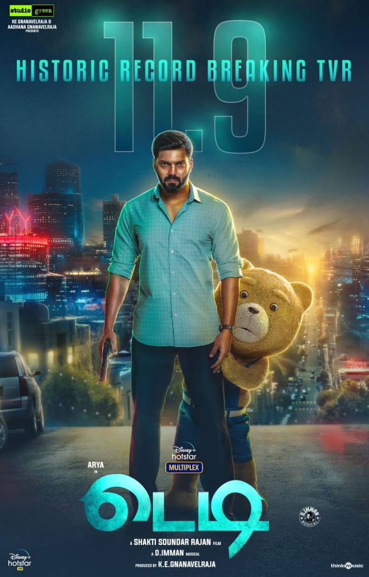 The @arya_offl-@ShaktiRajan combo #Teddy creates a historic viewership record of 11.9 TVR on its @vijaytelevision  