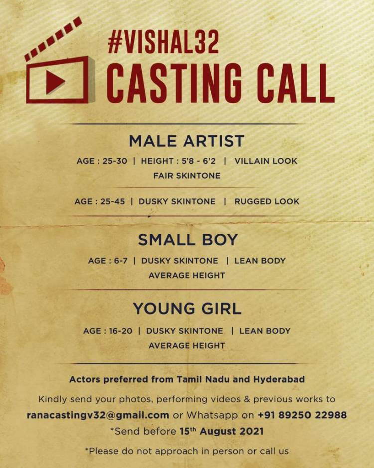 #vishal32 #v32 #castingcall #ramana #nandha #vishalfilmfactory  