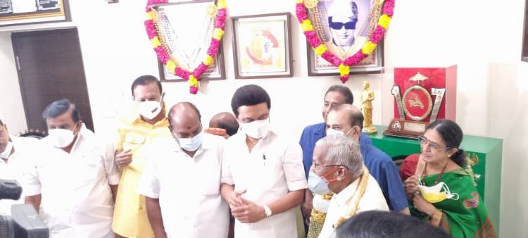 CM MK Stalin visits Arulalar RMV at his Tnagar home with former central ministers Jagathratchagan and T R Baalu