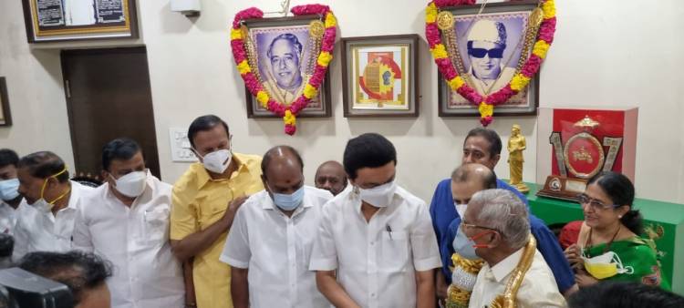 CM MK Stalin visits Arulalar RMV at his Tnagar home with former central ministers Jagathratchagan and T R Baalu
