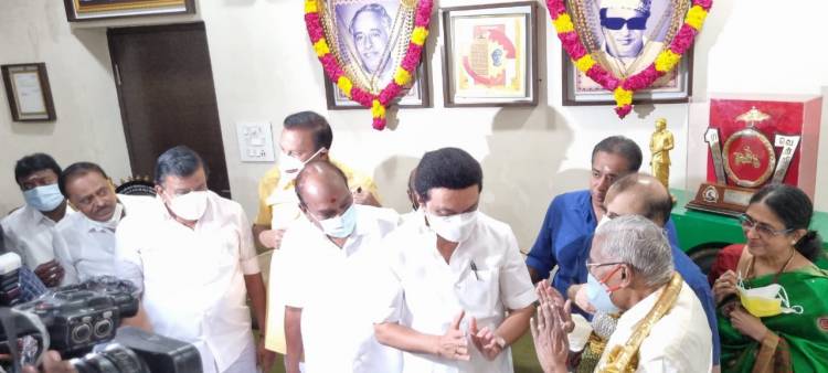CM MK Stalin visits Arulalar RMV at his Tnagar home with former central ministers Jagathratchagan and T R Baalu