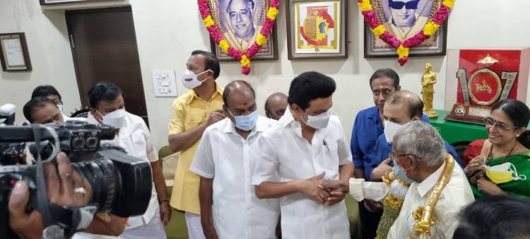CM MK Stalin visits Arulalar RMV at his Tnagar home with former central ministers Jagathratchagan and T R Baalu