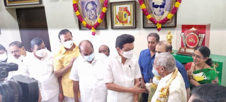 CM MK Stalin visits Arulalar RMV at his Tnagar home with former central ministers Jagathratchagan and T R Baalu