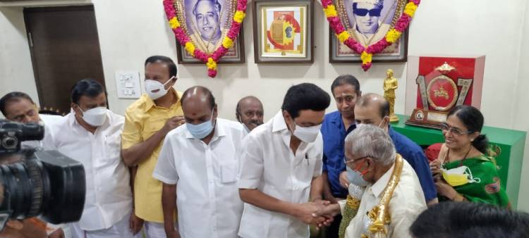 CM MK Stalin visits Arulalar RMV at his Tnagar home with former central ministers Jagathratchagan and T R Baalu