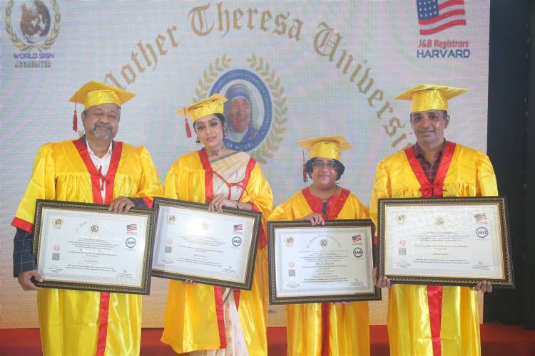 Actress Abirami, Mr.P.Indran, Mr.Sudarshan Seshadri was awarded an honorary doctorate on behalf of St. Teresa's University in association with the Cambridge School of Distance Education, England on the recommendation of  Indian Media Works President John Amalan.