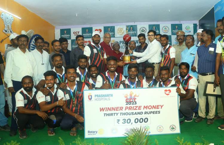 Prashanth Hospitals donates fund to Rotary Club for promoting good health for the people of Ponneri at Corporate Cricket Tournament Final (CCT 2023) Finals