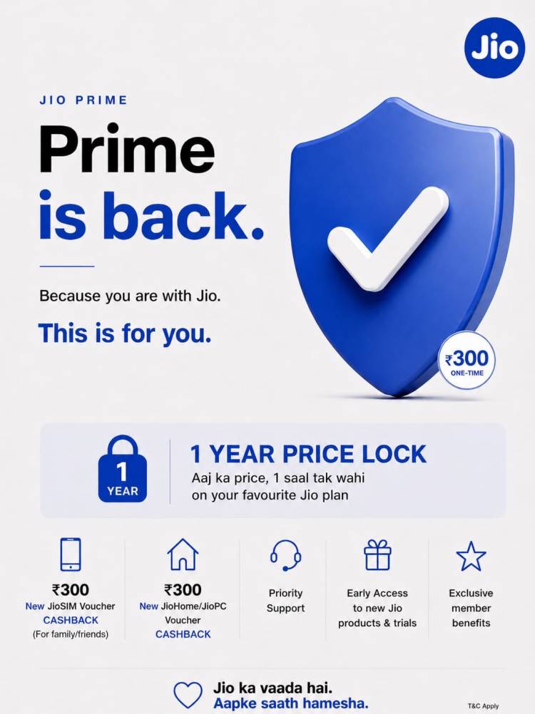 JIO REINTRODUCES JIO PRIME WITH 1-YEAR PRICE GUARANTEE A special membership to mark 10 years of Jio