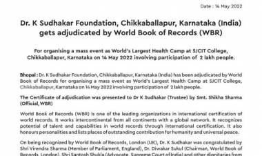 Dr K Sudhakar Foundation receives world record for conducting a free health camp for 2 lakh people