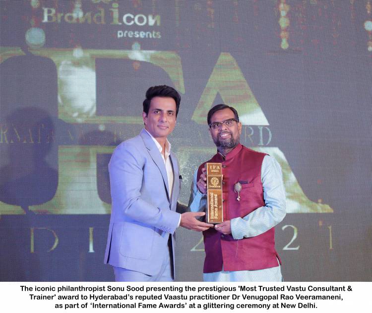 Sonu Sood confers the 'Most Trusted Vastu Consultant & Trainer' award on Hyderabad’s reputed vaastu practitioner Dr Veeramaneni!