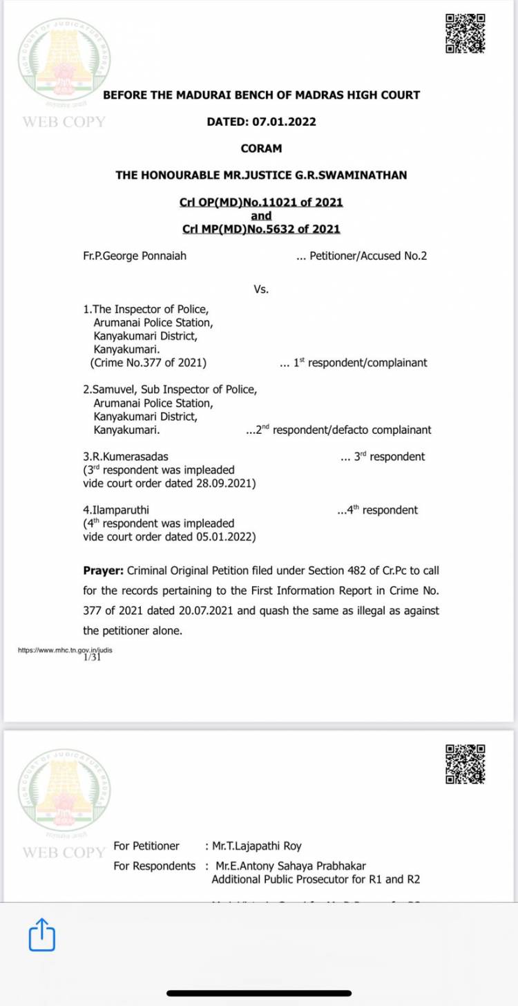 ருத்ரதாண்டவம்  படத்தில் வரும் கிறிப்ட்டோகிறிஸ்டியன் வசனத்தை சுட்டிக்காட்டி தீர்ப்பு கொடுத்துள்ளார்.