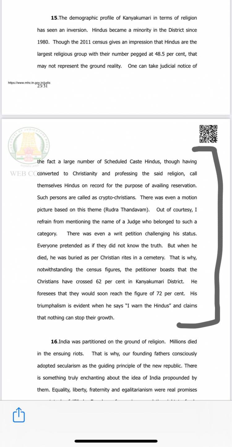 ருத்ரதாண்டவம்  படத்தில் வரும் கிறிப்ட்டோகிறிஸ்டியன் வசனத்தை சுட்டிக்காட்டி தீர்ப்பு கொடுத்துள்ளார்.