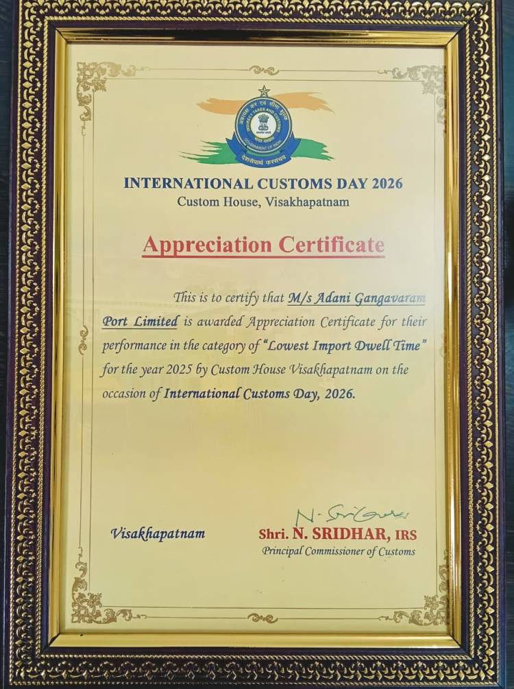Adani Gangavaram Port Wins Prestigious “Top Custodian – Port” Award, International Customs Day 2026