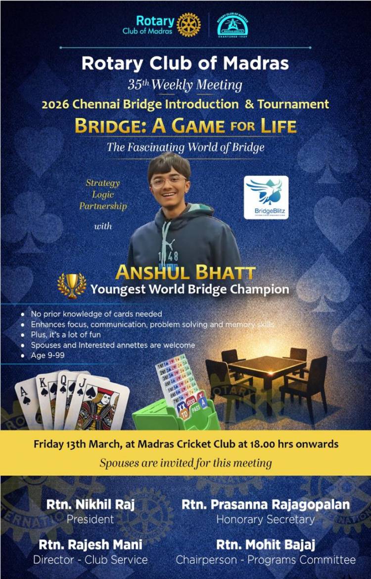 World Youth Champion Anshul Bhatt Introduces Bridge to Chennai Audience at Rotary Club Event Chennai 