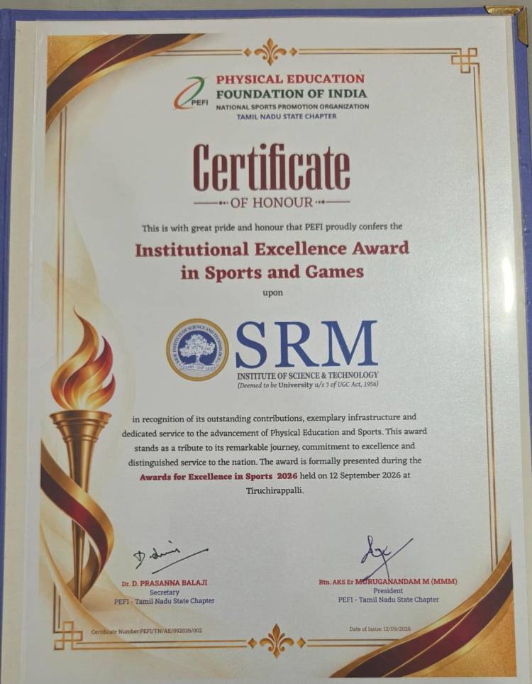 SRMIST Honoured with Institutional Excellence Award in Sports and Games by PEFI